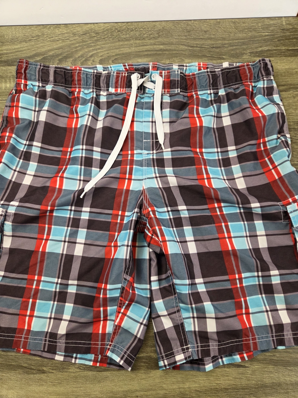 Kanu Surf Swim Trunks Lined Shorts Men's XL Plaid Cargo Pocket Drawstring Beach